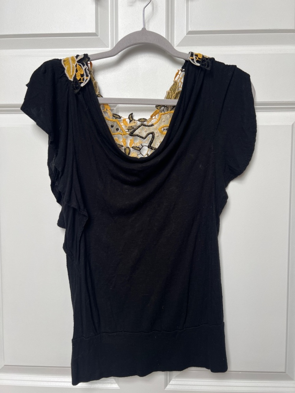 Have Black Short-Sleeve Drape-Back Top with Yellow Embroidered Yoke